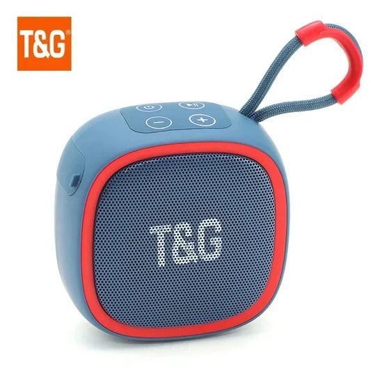 Blue and red t&g wireless bluetooth speaker with textured mesh grille featuring radio fm waterproof and small subwoofer sound design