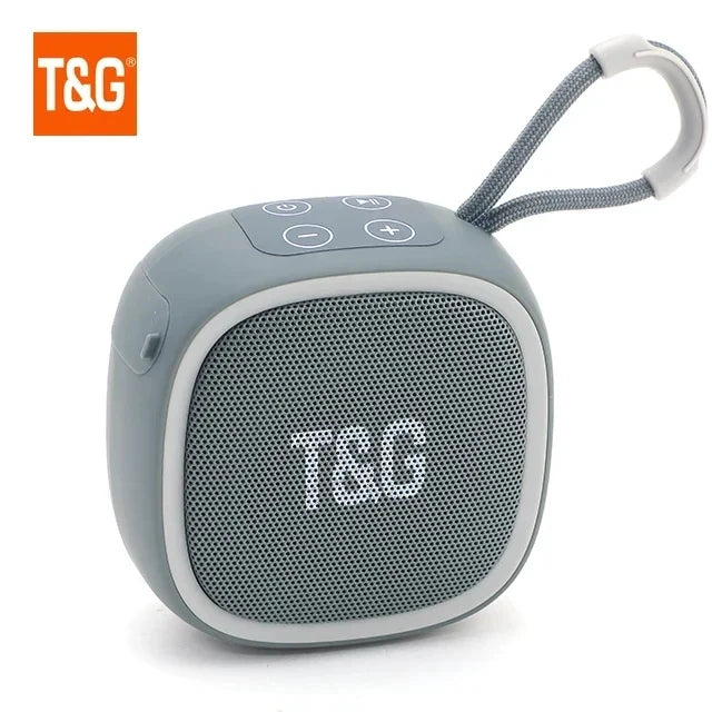 Gray t&g wireless bluetooth speaker with textured mesh grille, integrated carrying loop, radio fm waterproof and small subwoofer sound