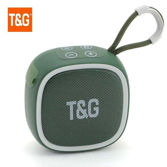 Olive green wireless bluetooth speaker with white accents and carrying loop featuring radio fm waterproof and small subwoofer sound