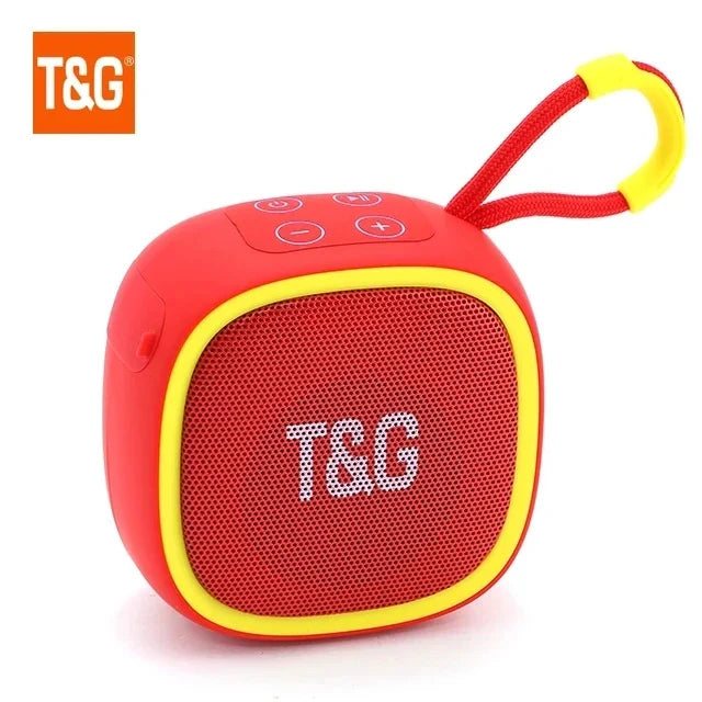 Red and yellow wireless bluetooth speaker portable mini radio fm waterproof with mesh grille control buttons and carrying loop