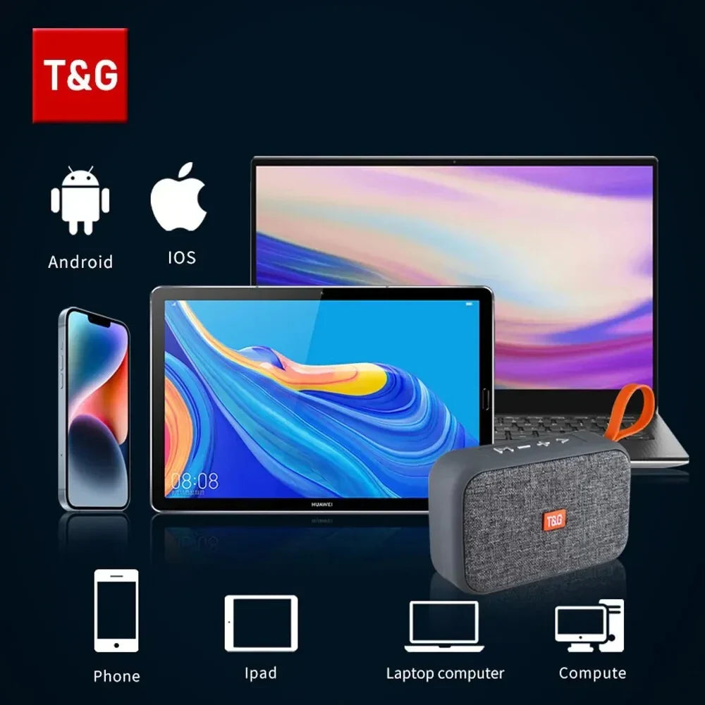 Gray textured fabric wireless bluetooth speaker with orange accent strap and t&g logo featuring radio fm waterproof and small subwoofer sound