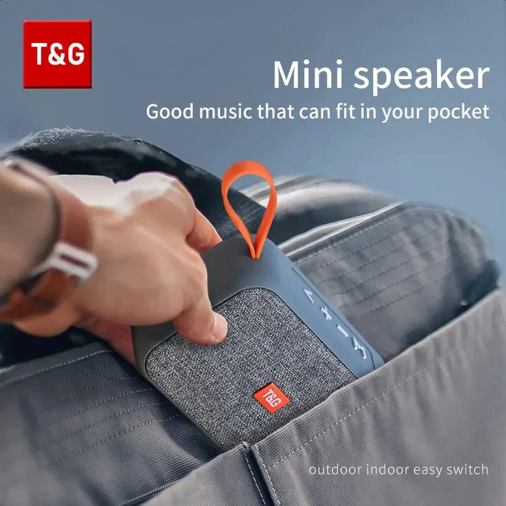 T&g wireless bluetooth speaker with gray fabric grille, blue plastic casing, orange loop, radio fm waterproof small subwoofer sound