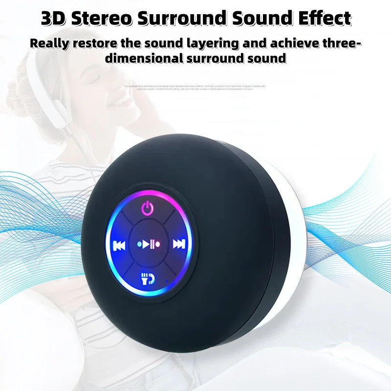 Black circular wireless bluetooth speaker with glowing blue purple control panel stereo surround subwoofer outdoor mini