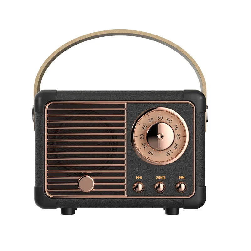 Black and rose gold retro-style som portable bluetooth speaker with carrying handle and handfree mini subwoofer features
