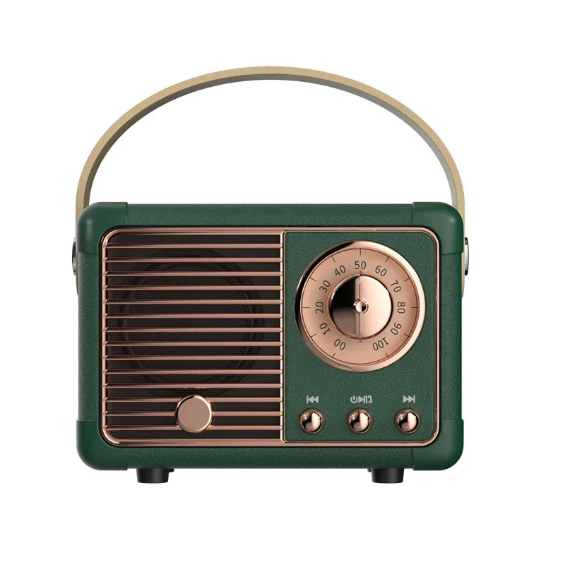 Green retro-style som portable bluetooth speaker with rose gold accents handfree mini subwoofer and vintage dial controls