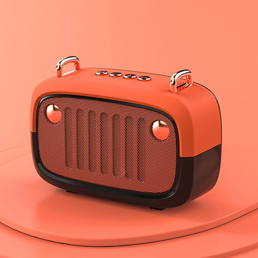 Orange and black retro-style som portable bluetooth speaker with metallic handles featuring handfree mini subwoofer bocina blootooth