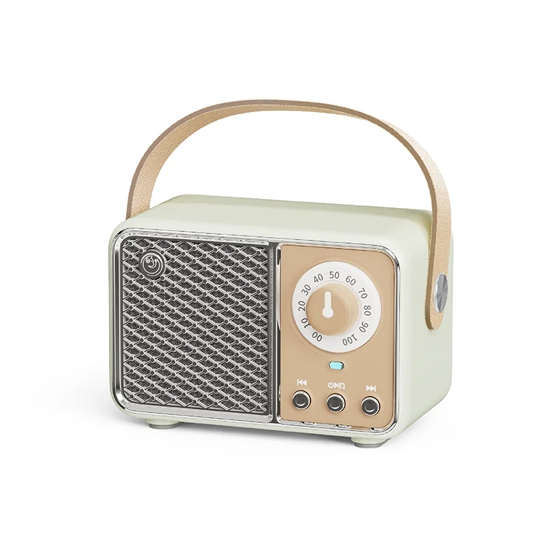 Cream-colored som portable bluetooth with beige leather handle silver mesh grille and handfree mini subwoofer control panel
