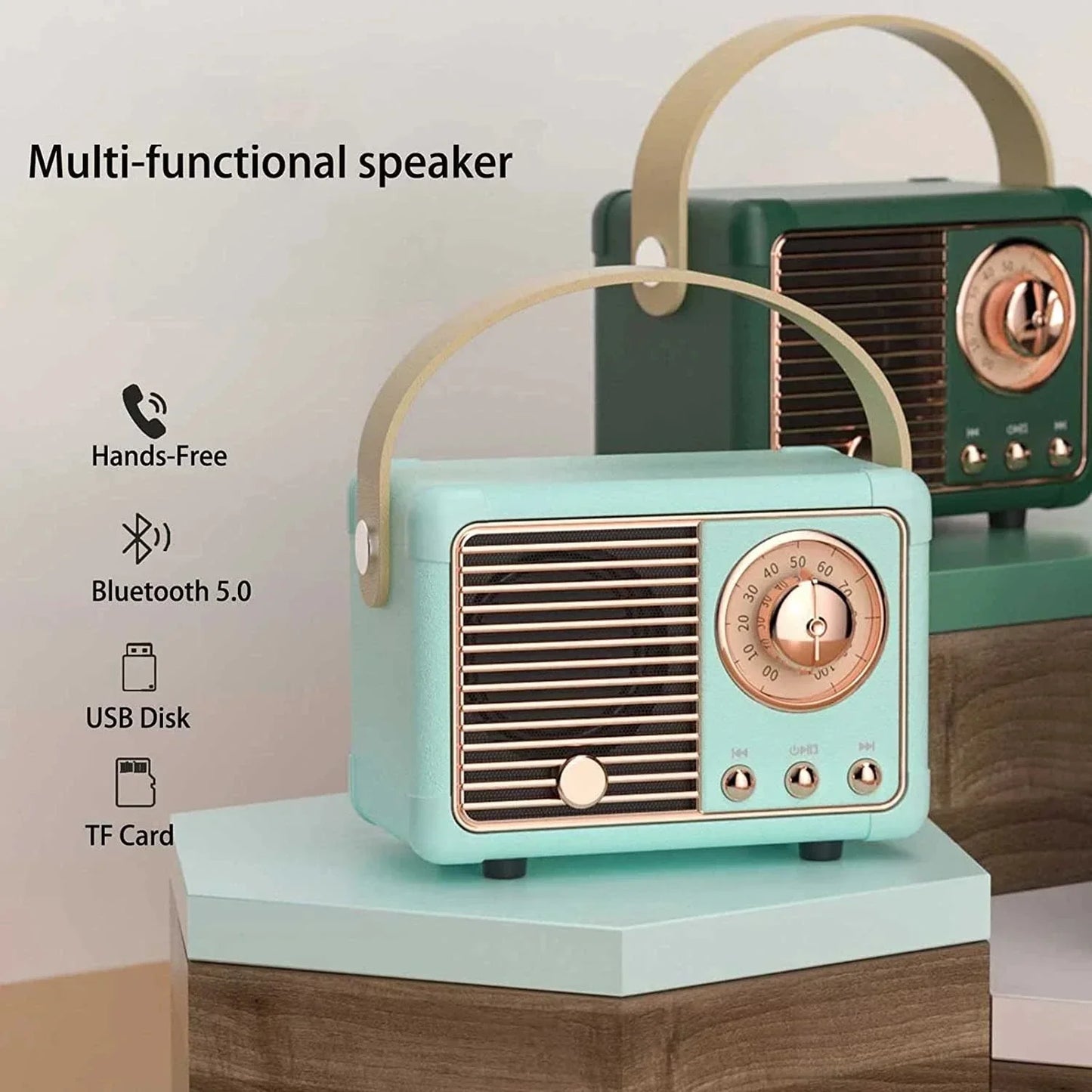 Mint green retro-style som portable bluetooth speaker with beige handle and copper-toned dial handfree mini subwoofer bocina blootooth