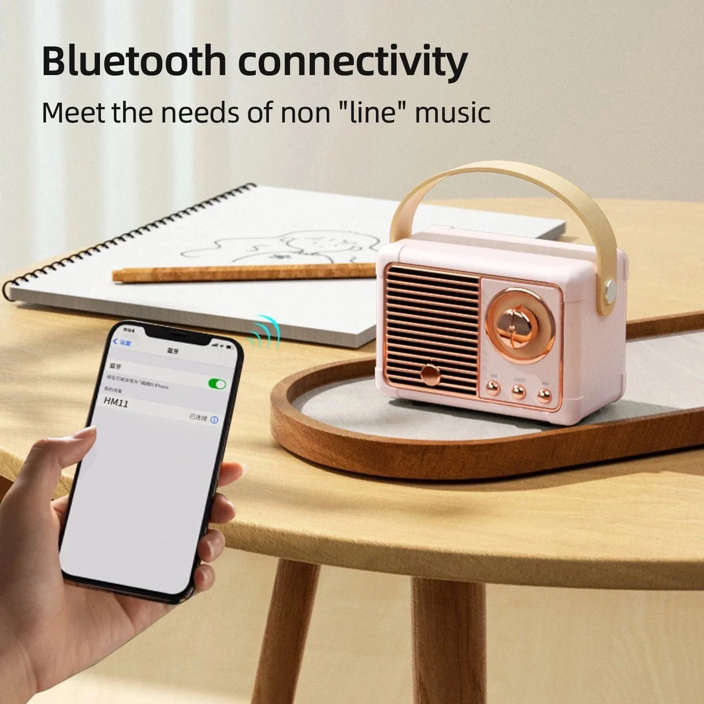 Pink retro-style som portable bluetooth speaker with rose gold accents wooden handle handfree mini subwoofer bocina blootooth