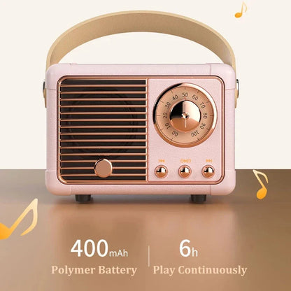 Rose gold vintage-style som portable bluetooth speaker with beige handle and copper dials for handfree mini subwoofer use