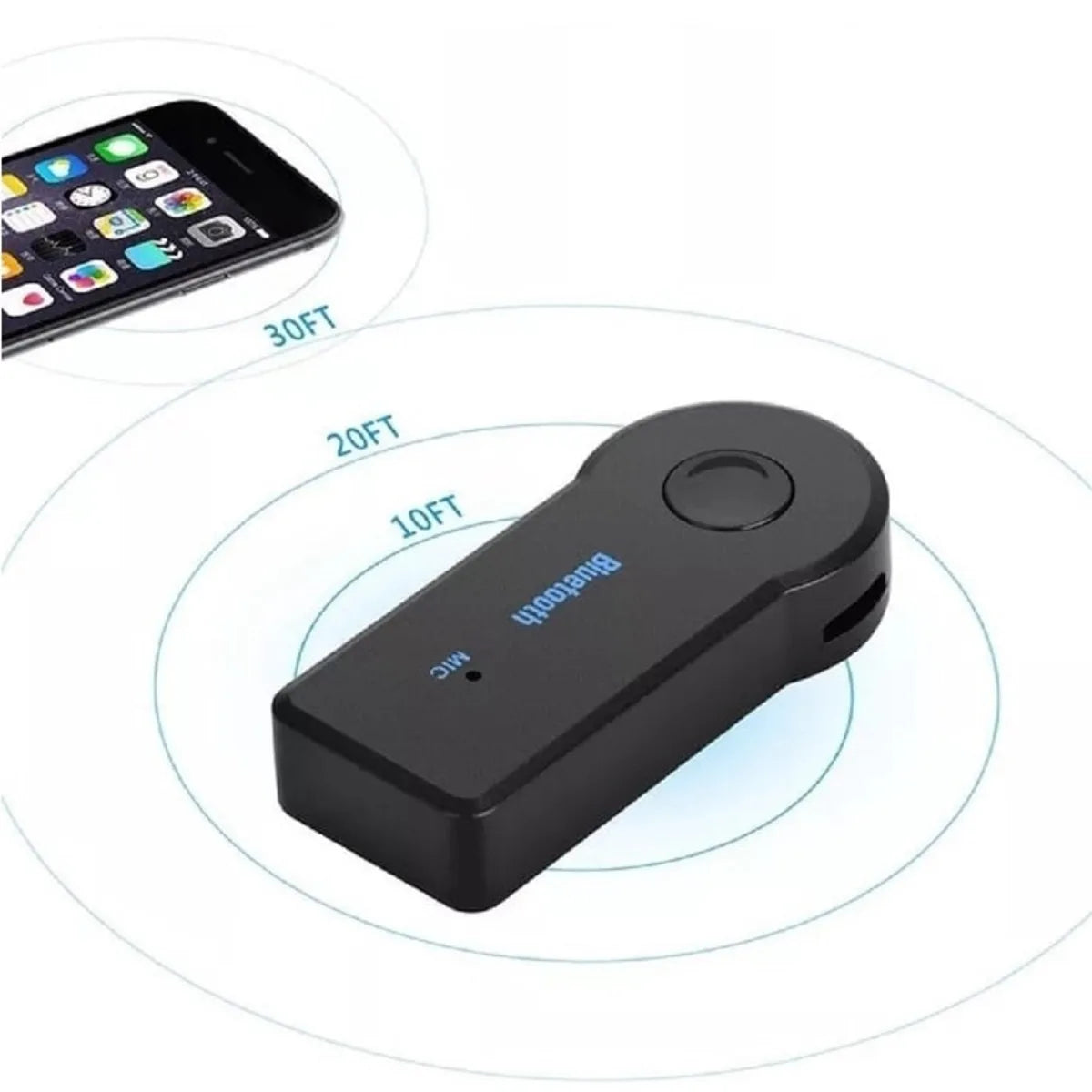 Black wireless car aux bluetooth adapter with circular button and bluetooth label for 3.5mm audio bluetooth music transmitter