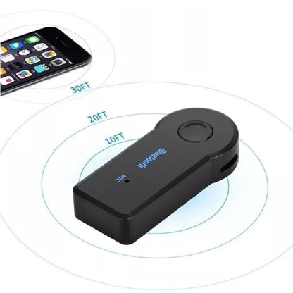 Black wireless car aux bluetooth adapter with circular button and bluetooth label for 3.5mm audio bluetooth music transmitter