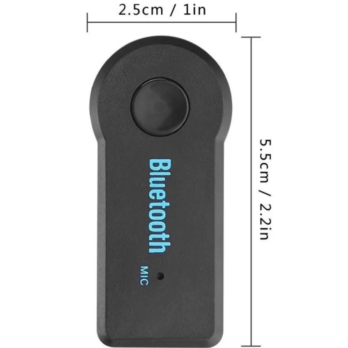 Black wireless car aux bluetooth receiver adapter with circular button blue bluetooth text and integrated microphone for 3.5mm audio music transmitter