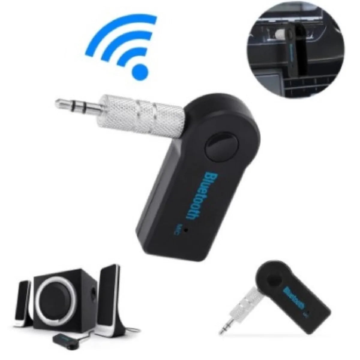 Black wireless car aux bluetooth 4.0 adapter with silver 3.5mm jack and blue branding shown in standard and keychain versions
