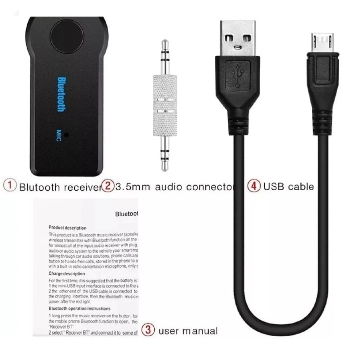 Black wireless car aux bluetooth receiver with blue mic labeling silver 35mm audio connector and usb cable for music transmitter