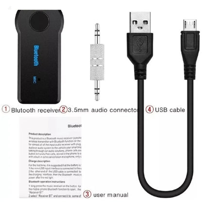 Black wireless car aux bluetooth receiver with blue mic labeling silver 35mm audio connector and usb cable for music transmitter