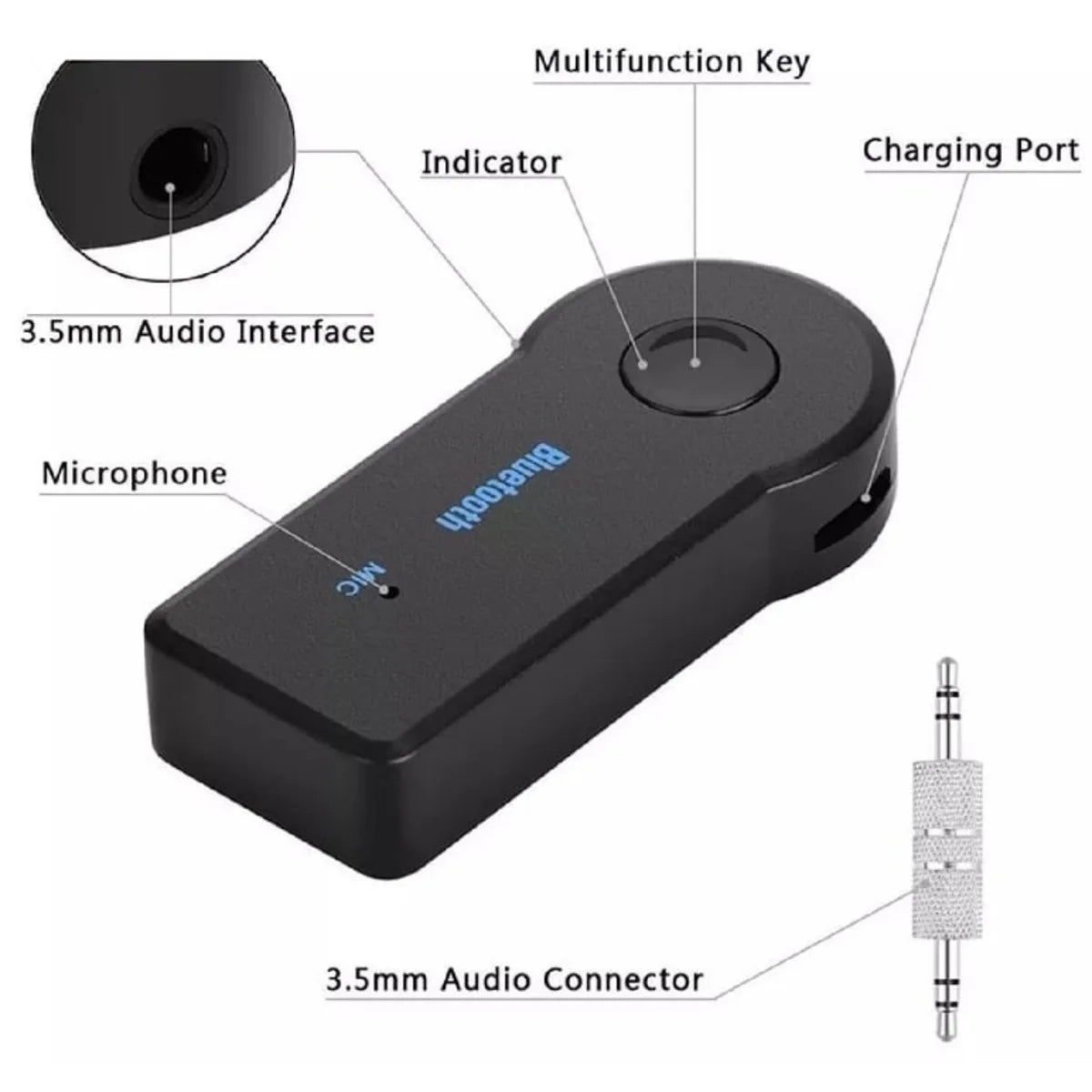 Black plastic wireless car aux bluetooth audio adapter with 3.5mm audio interface and blue bluetooth branding music transmitter