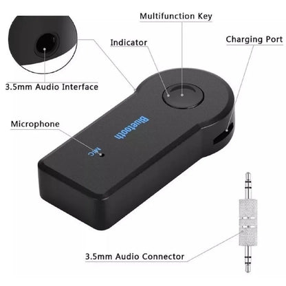 Black plastic wireless car aux bluetooth audio adapter with 3.5mm audio interface and blue bluetooth branding music transmitter