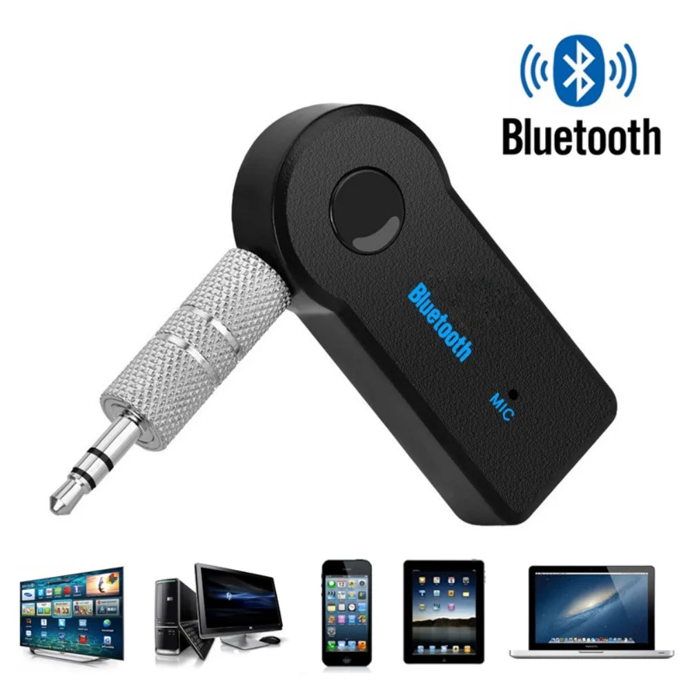 Black wireless car aux bluetooth adapter with silver 3.5mm audio jack and blue branding for music transmitter use