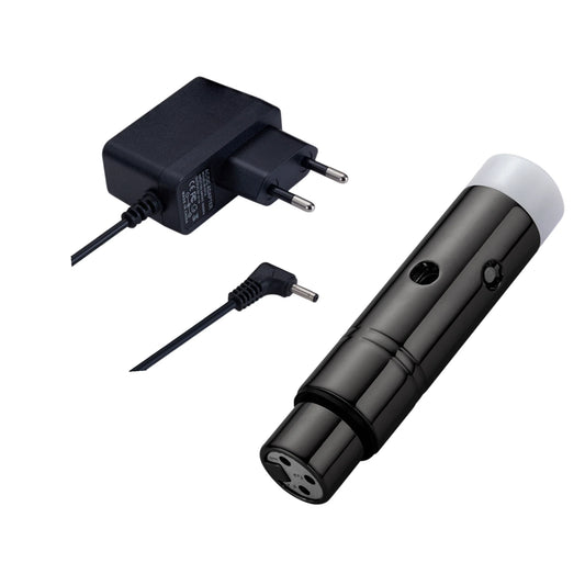 Black cylindrical dmx512 wireless receiver microphone with white cap and power adapter for stage par moving use