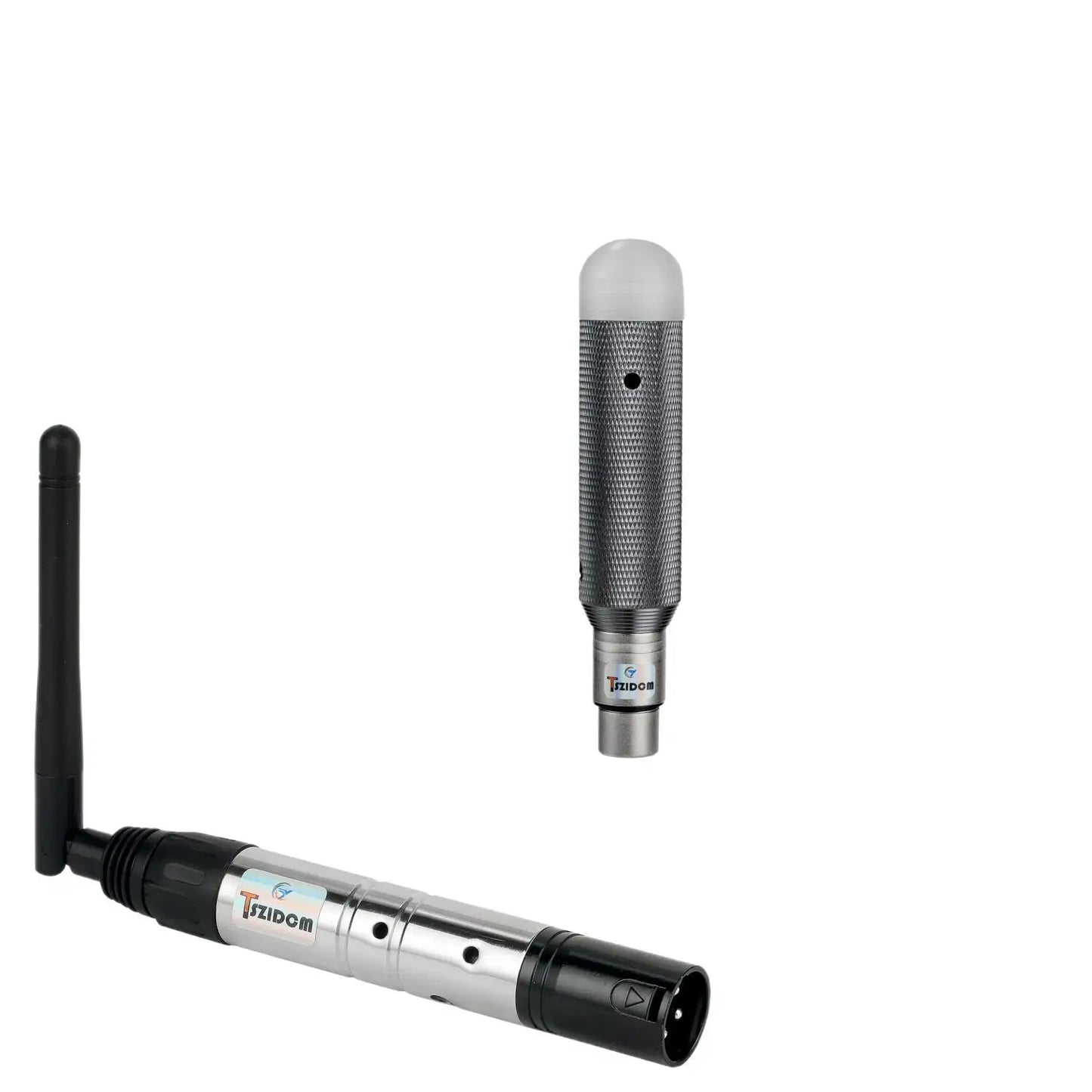 Silver and black wireless microphone transmitter with telescopic antenna and silver mesh condenser mic head for charging dj receiver and transmitter led lighting in stage par party use