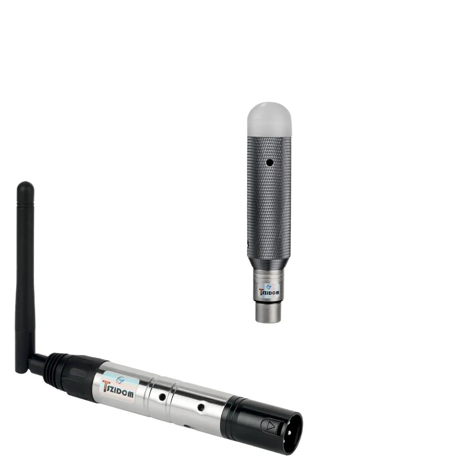 Silver and black wireless microphone transmitter with telescopic antenna and silver mesh condenser mic head for charging dj receiver and transmitter led lighting in stage par party use