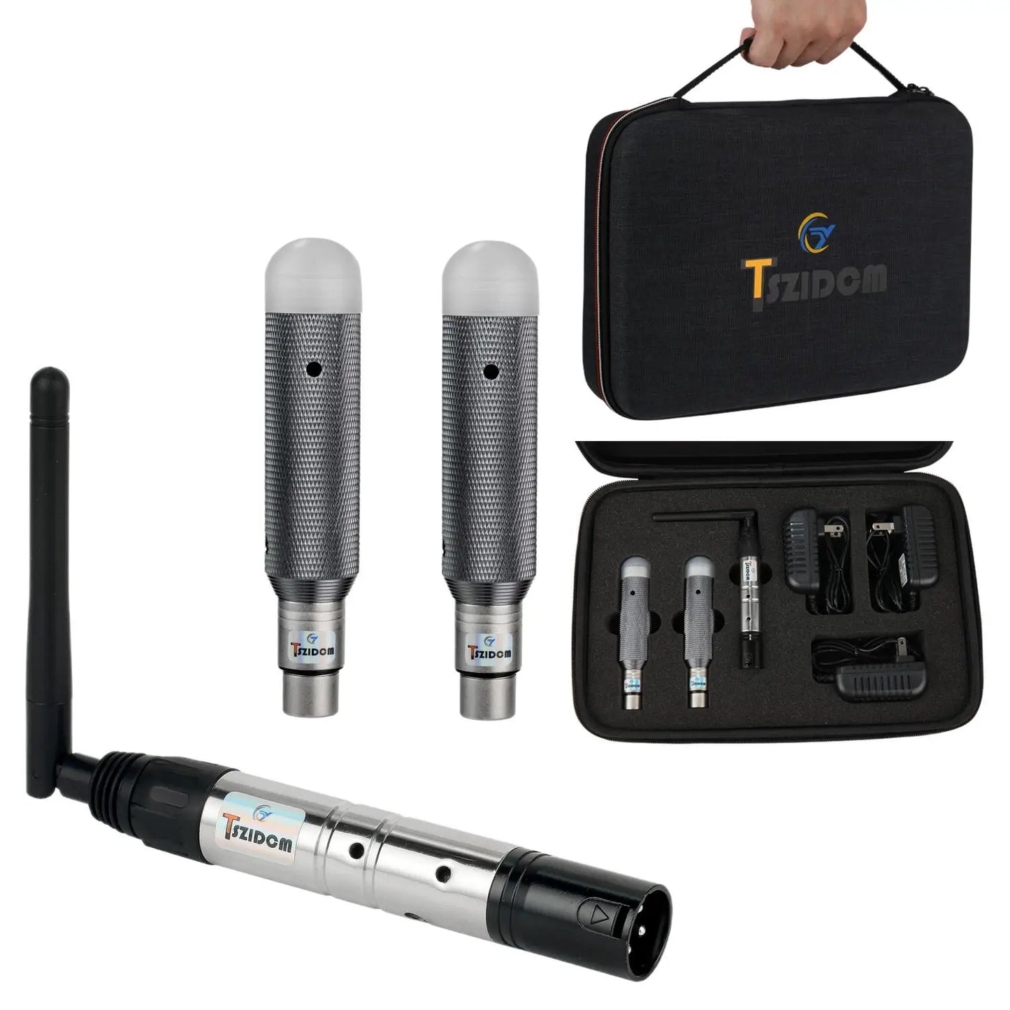 Tzidom wireless microphone system with charging dj receiver and transmitter led lighting in black carrying case for stage par party
