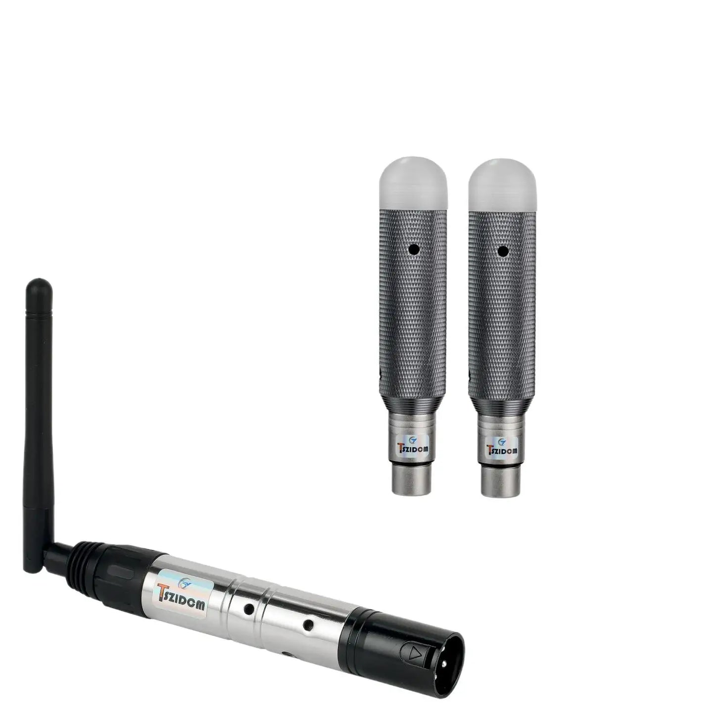 Silver and black wireless charging dj receiver transmitter led lighting with two silver mesh microphones for stage par party use