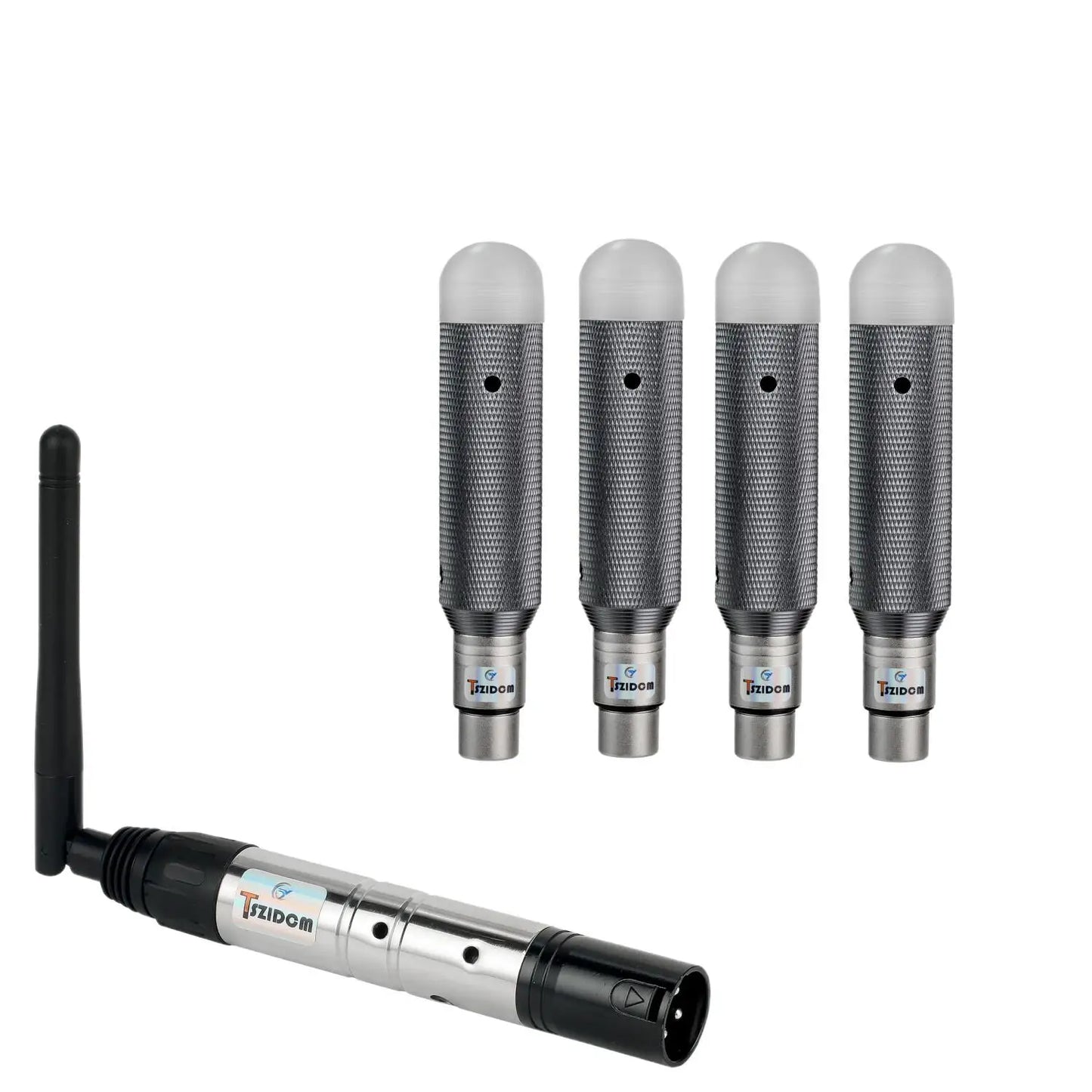 Set of four silver mesh-capped wireless dmX 512 microphones with black antenna for charging dj receiver and transmitter led lighting stage par party