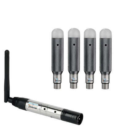 Set of four silver mesh-capped wireless dmX 512 microphones with black antenna for charging dj receiver and transmitter led lighting stage par party