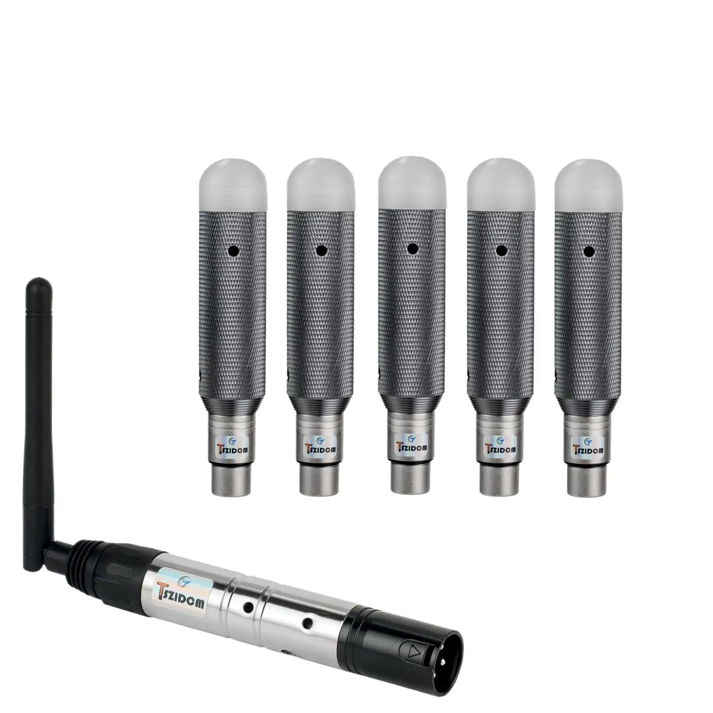 Set of five silver mesh wireless microphones with white caps and a charging dj receiver for stage par party led lighting control