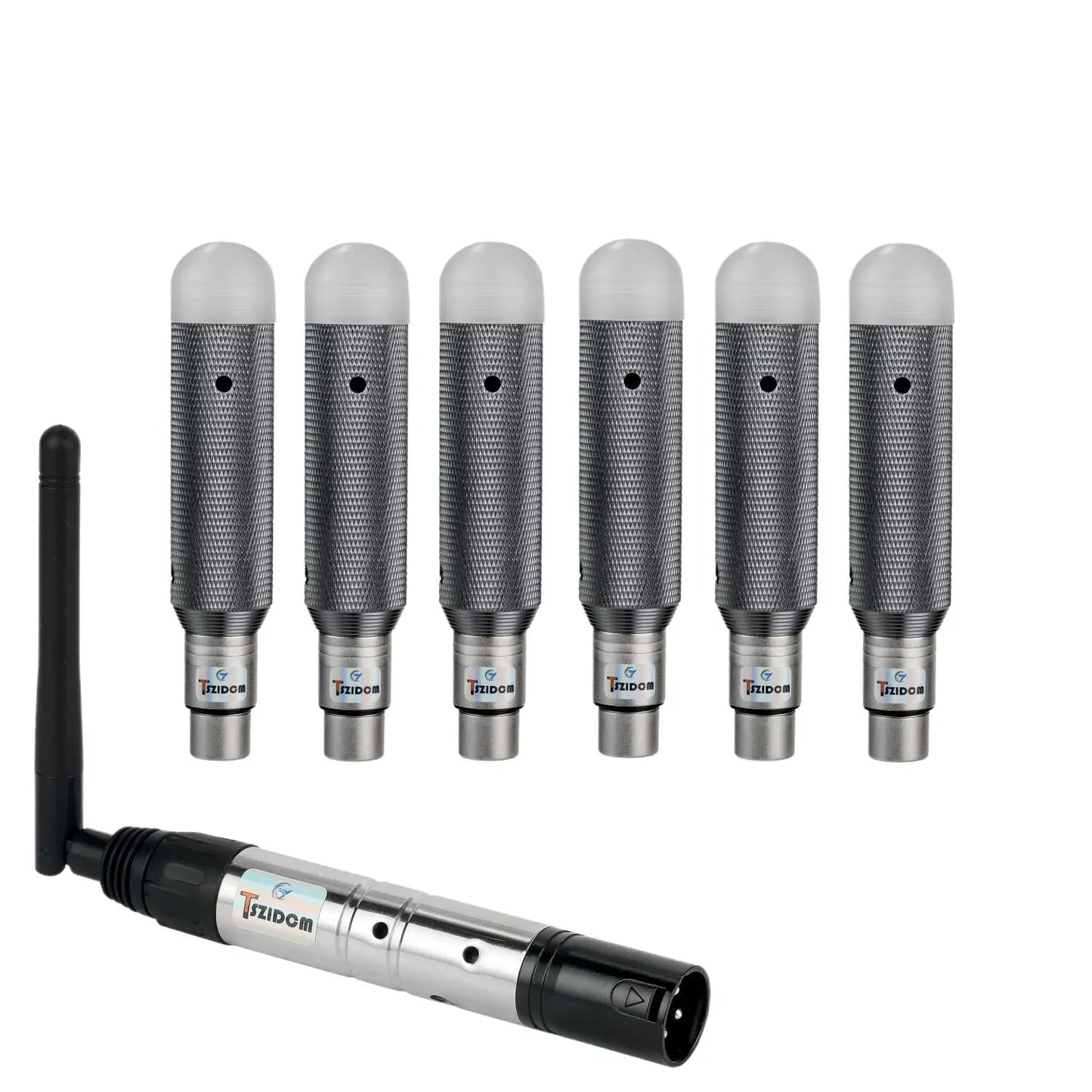 Set of six silver mesh wireless microphones with white caps and a charging dj receiver for stage par party use