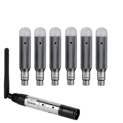 Set of six silver mesh wireless microphones with white caps and a charging dj receiver for stage par party use