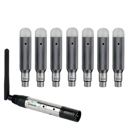 Set of seven silver mesh wireless microphones with white caps and black charging dj receiver for stage par party transmitter led lighting