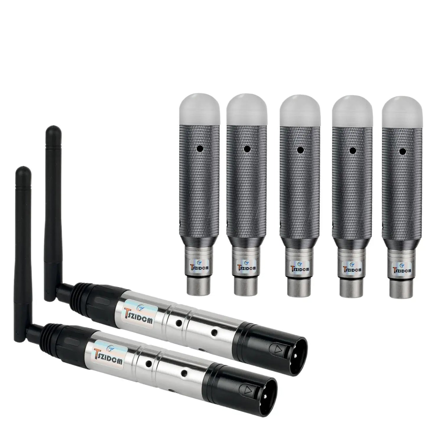 Set of five silver and black wireless dmux 512 2.4g charging dj receiver with transmitter led lighting for stage par party