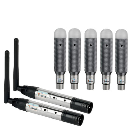 Set of five silver and black wireless dmux 512 2.4g charging dj receiver with transmitter led lighting for stage par party