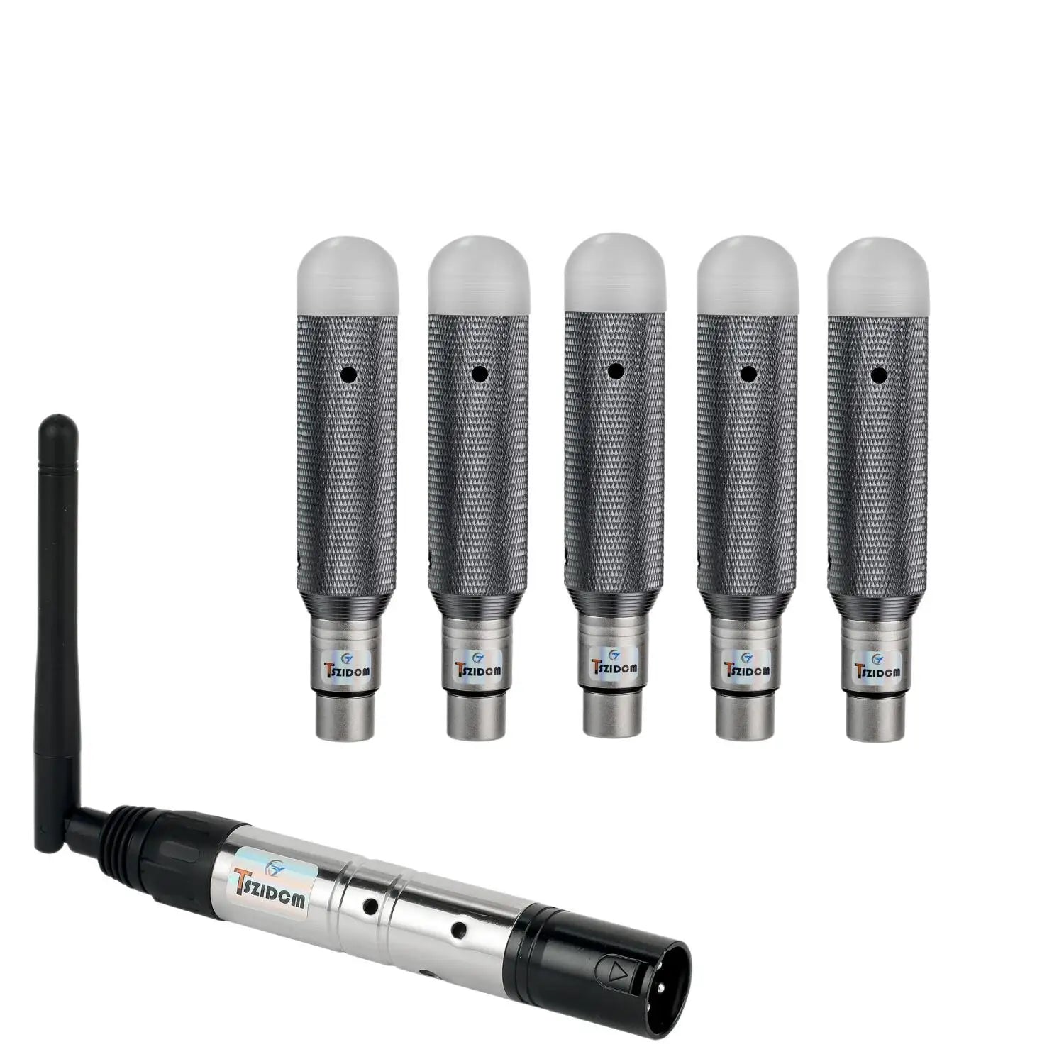 Set of five silver mesh wireless microphones with white caps and a charging dj receiver for stage par party use