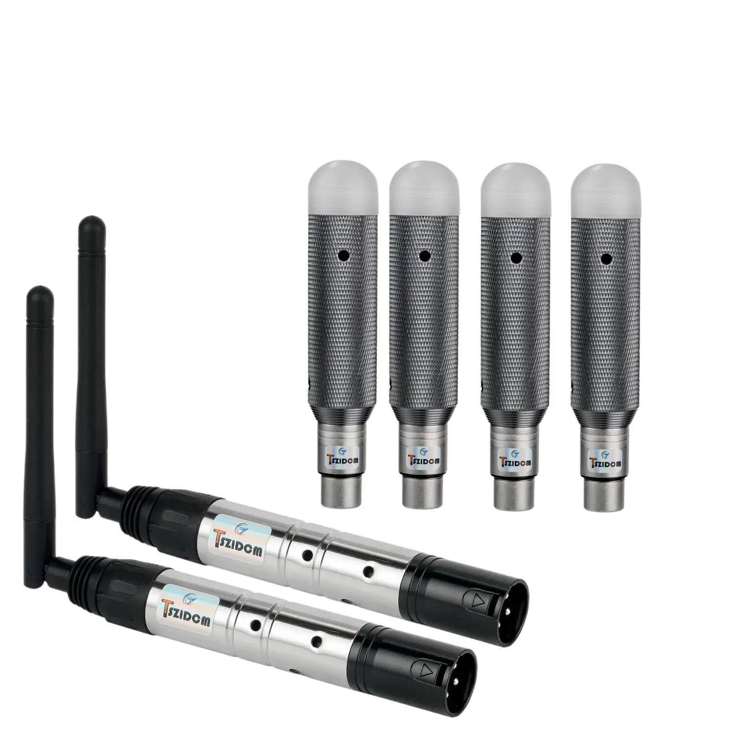 Set of four silver and black wireless charging dj receiver with textured grips for transmitter led lighting and stage par party use