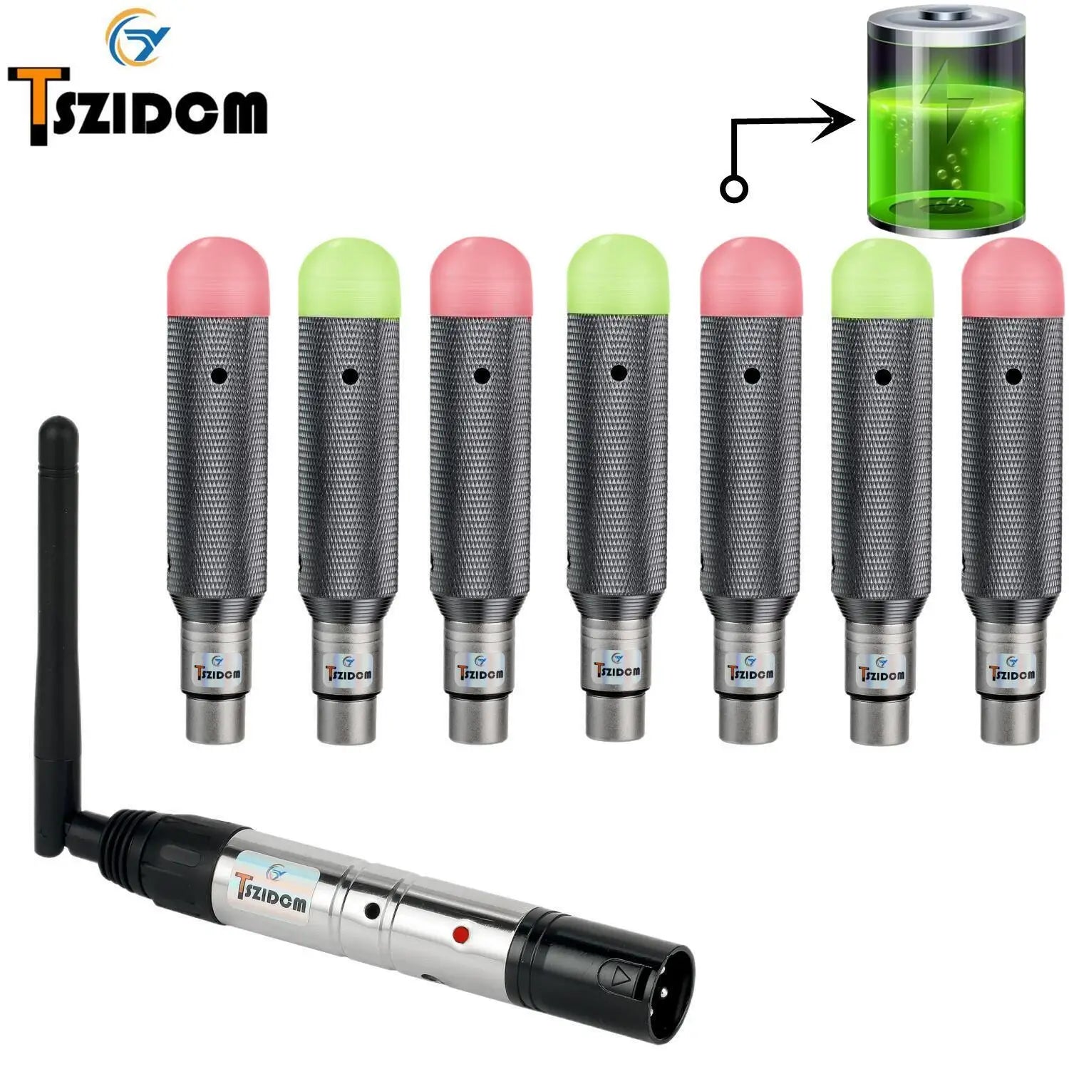 Set of seven wireless dmX 512 microphones with pink and green led tops, textured metallic bodies for stage par party use with charging dj receiver and transmitter led lighting control