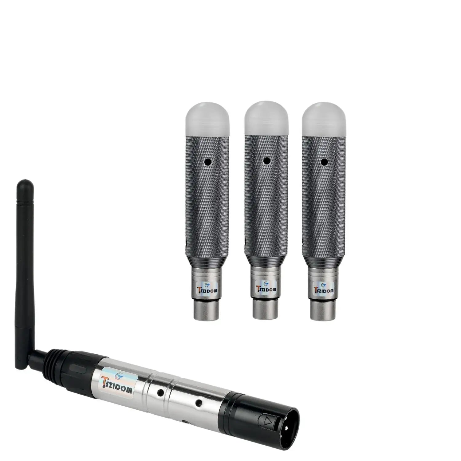 Set of three silver mesh-capped wireless microphones with black XLR connectors and charging DJ receiver for stage par party lighting control
