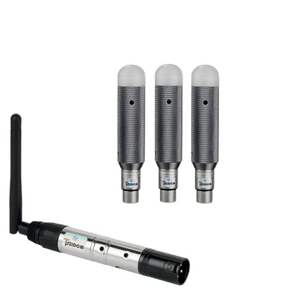Set of three silver mesh-capped wireless microphones with black XLR connectors and charging DJ receiver for stage par party lighting control