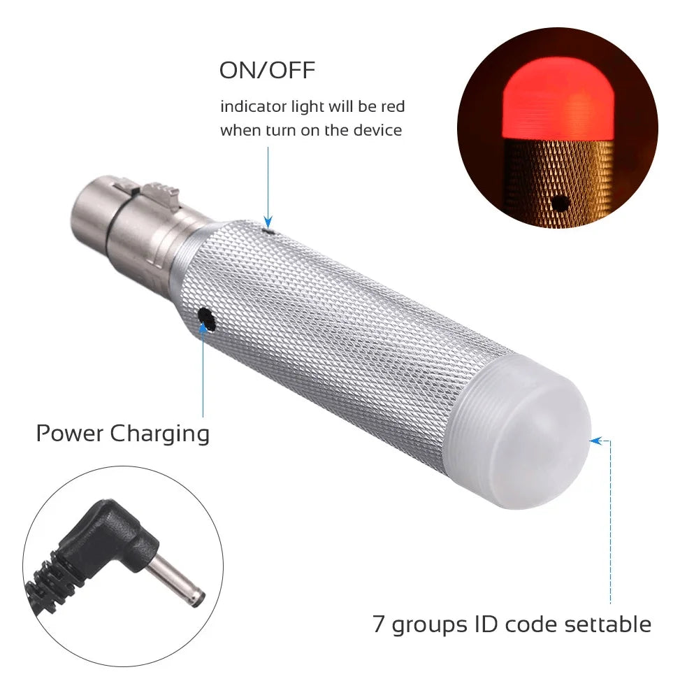 Silver textured cylindrical charging dj receiver with red led indicator and power port for stage par party lighting control