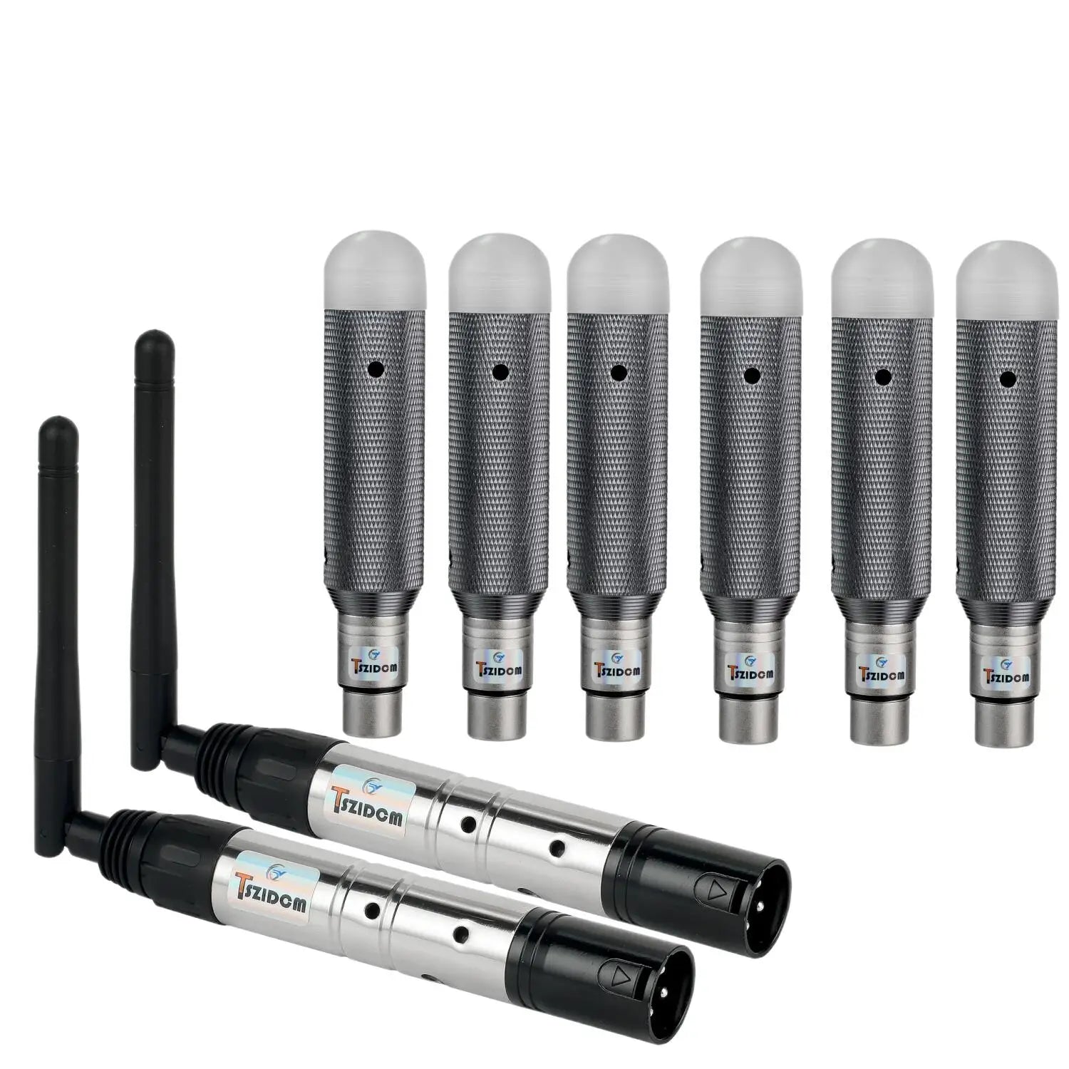 Six silver and black wireless dmxx512 2.4g charging dj receiver with transmitter led lighting control for stage par party use