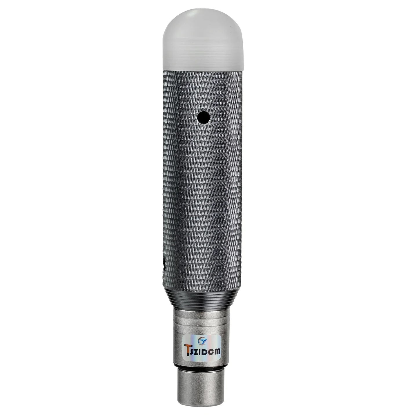 Silver textured metal wireless dmx 512 charging dj receiver with white cap and tzidom branding for stage par party use