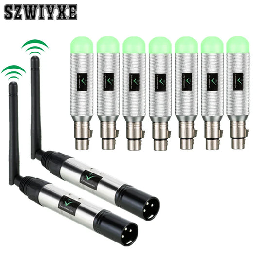 Set of eight silver wireless dmx 512 microphone receivers with green led flash and two black transmitter units for stage light moving use