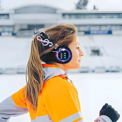 Black wireless bluetooth headphones earmuffs with glowing blue display and musical notes for casual cap sports riding warmer use