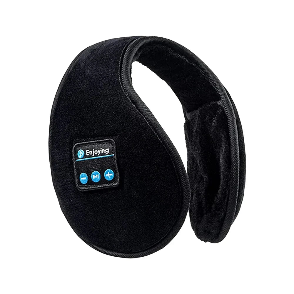 Black plush wireless ear muffs with built-in bluetooth headphones earmuffs and enjoying logo for casual cap sports riding warmer