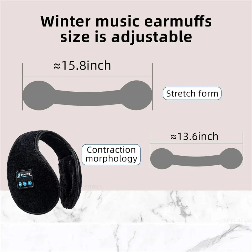 Black plush wireless ear muffs with bluetooth headphones and adjustable stretch form for casual cap sports use