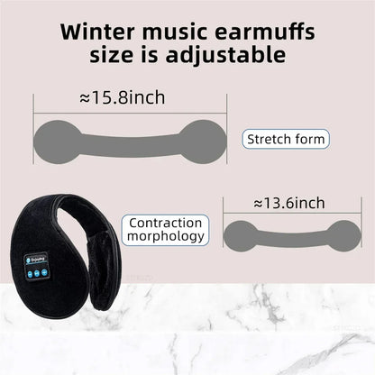 Black plush wireless ear muffs with bluetooth headphones and adjustable stretch form for casual cap sports use