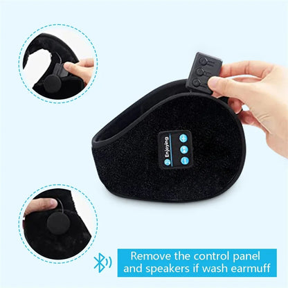 Black plush bluetooth headphones earmuffs with detachable control panel for casual cap sports riding warmer use